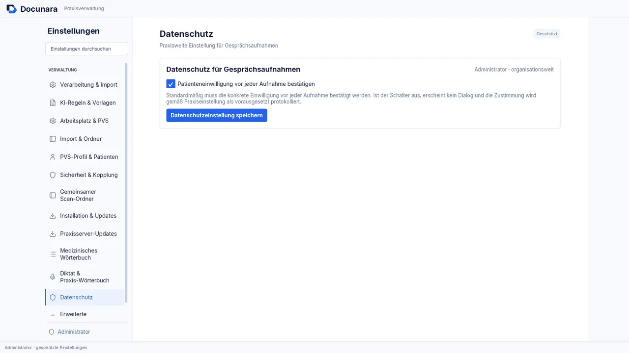 Praxisverwaltung, Bereich Datenschutz
