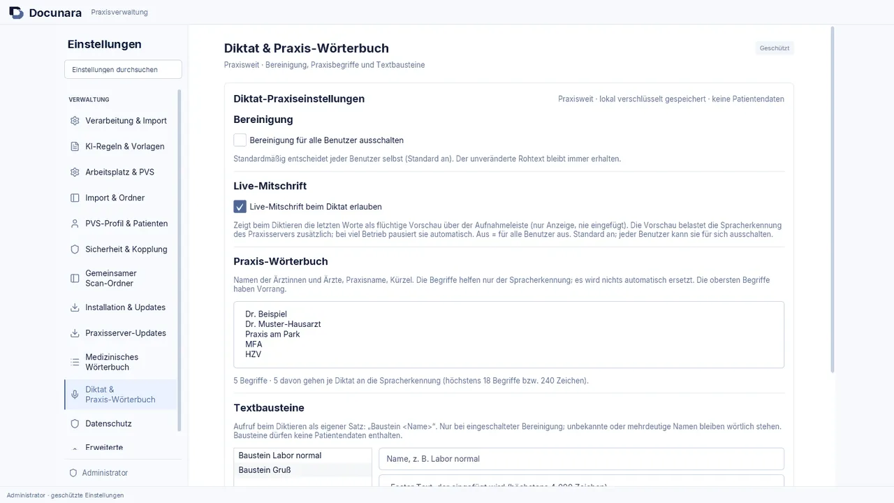 Praxisverwaltung, Bereich Diktat und Praxis-Wörterbuch