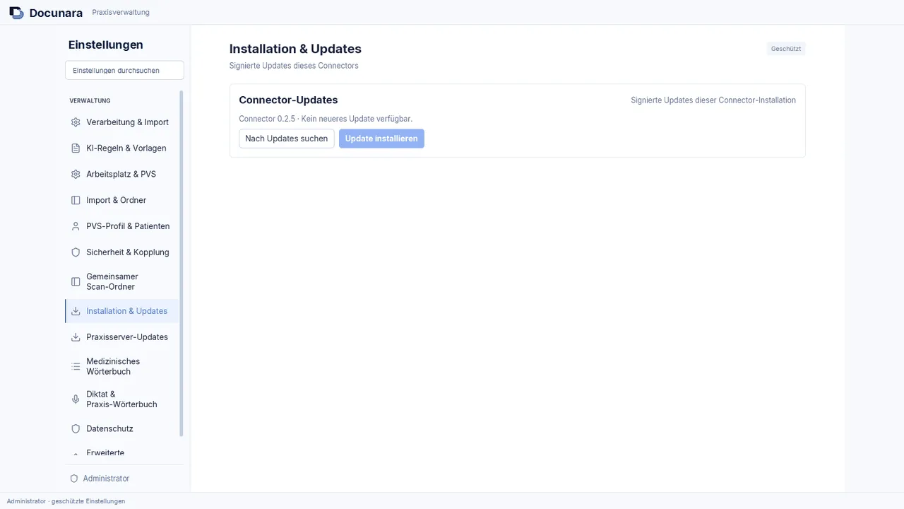 Praxisverwaltung, Bereich Installation und Updates