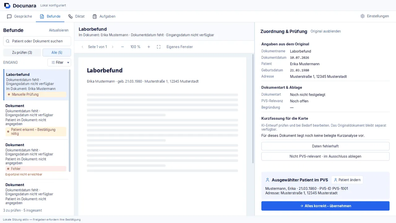 Arbeitsbildschirm Befunde: Warteschlange links, Originaldokument in der Mitte, Zuordnung und Prüfung rechts